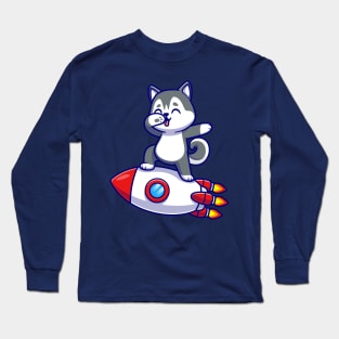 Cute Husky Dog Dabbing On Rocket Cartoon Long Sleeve T-Shirt